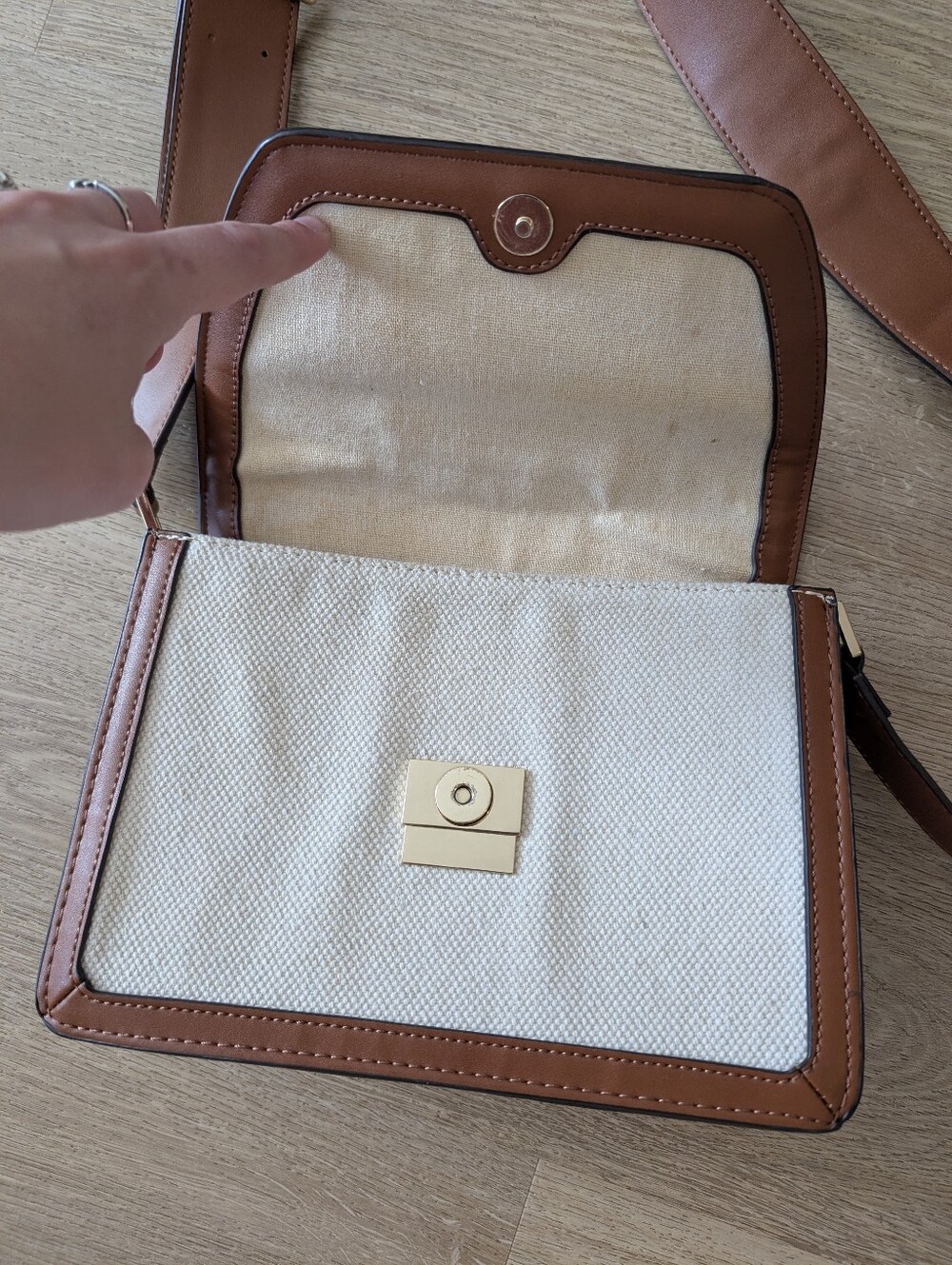 Mango Cottage core Cream Canvas Crossbody with Brown Leather Trim - Picture 5 of 10